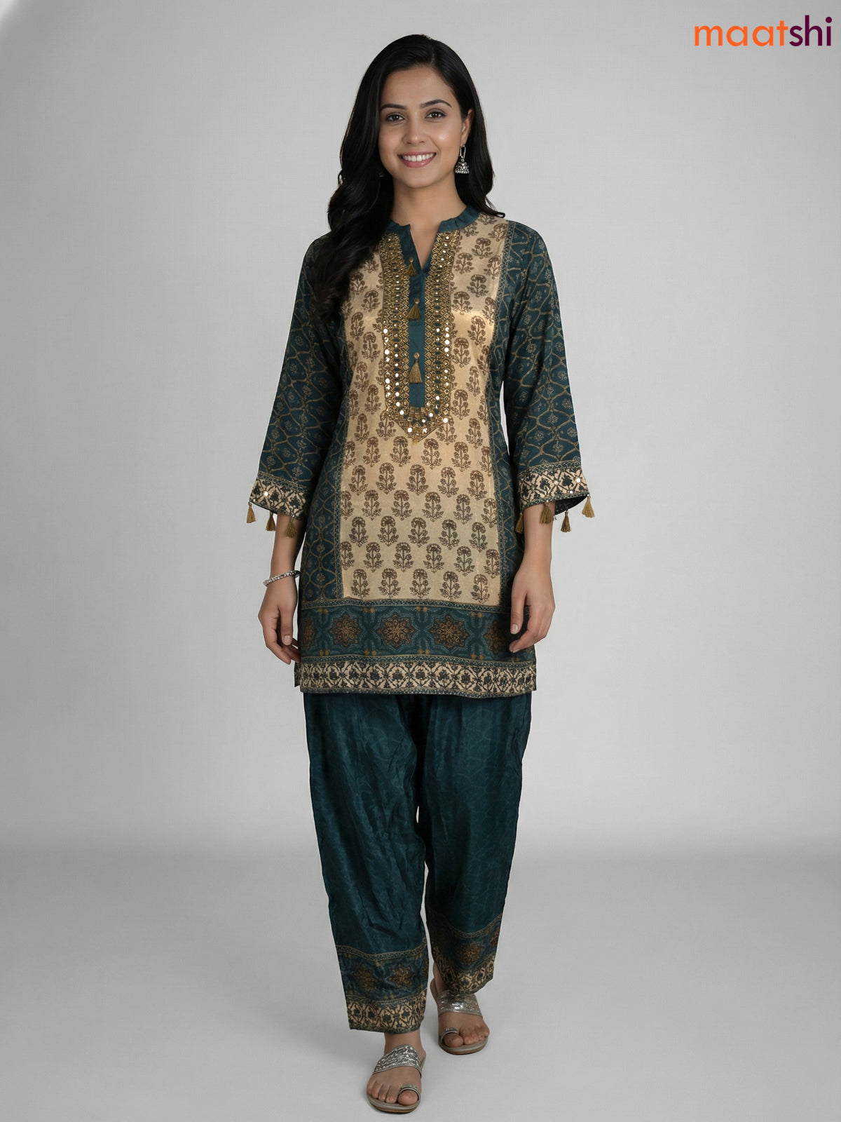 Beige and Peacock Green Crepe Silk Printed Co-Ord Set