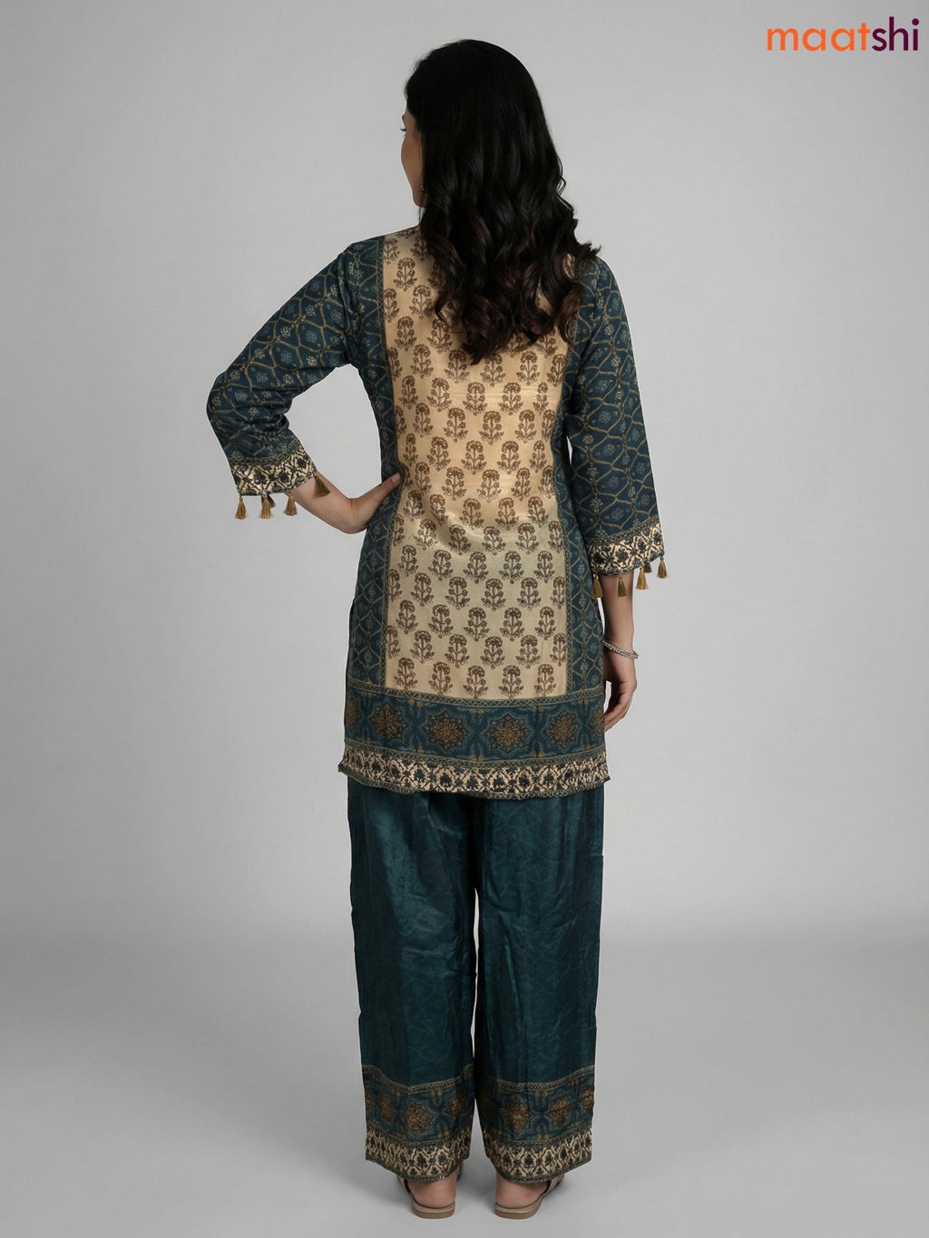 Beige and Peacock Green Crepe Silk Printed Co-Ord Set