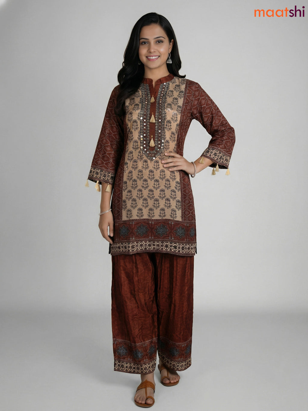 Beige and Brown Crepe Silk Printed Co-Ord Set