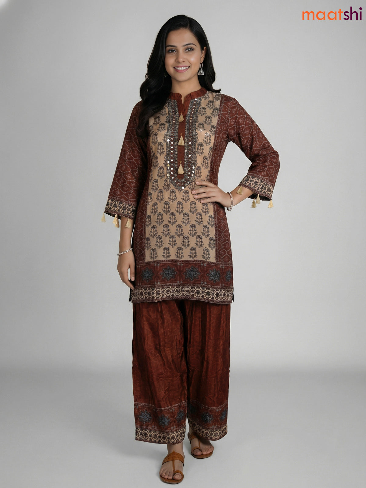 Beige and Brown Crepe Silk Printed Co-Ord Set