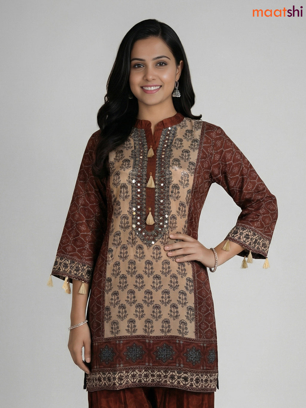 Beige and Brown Crepe Silk Printed Co-Ord Set
