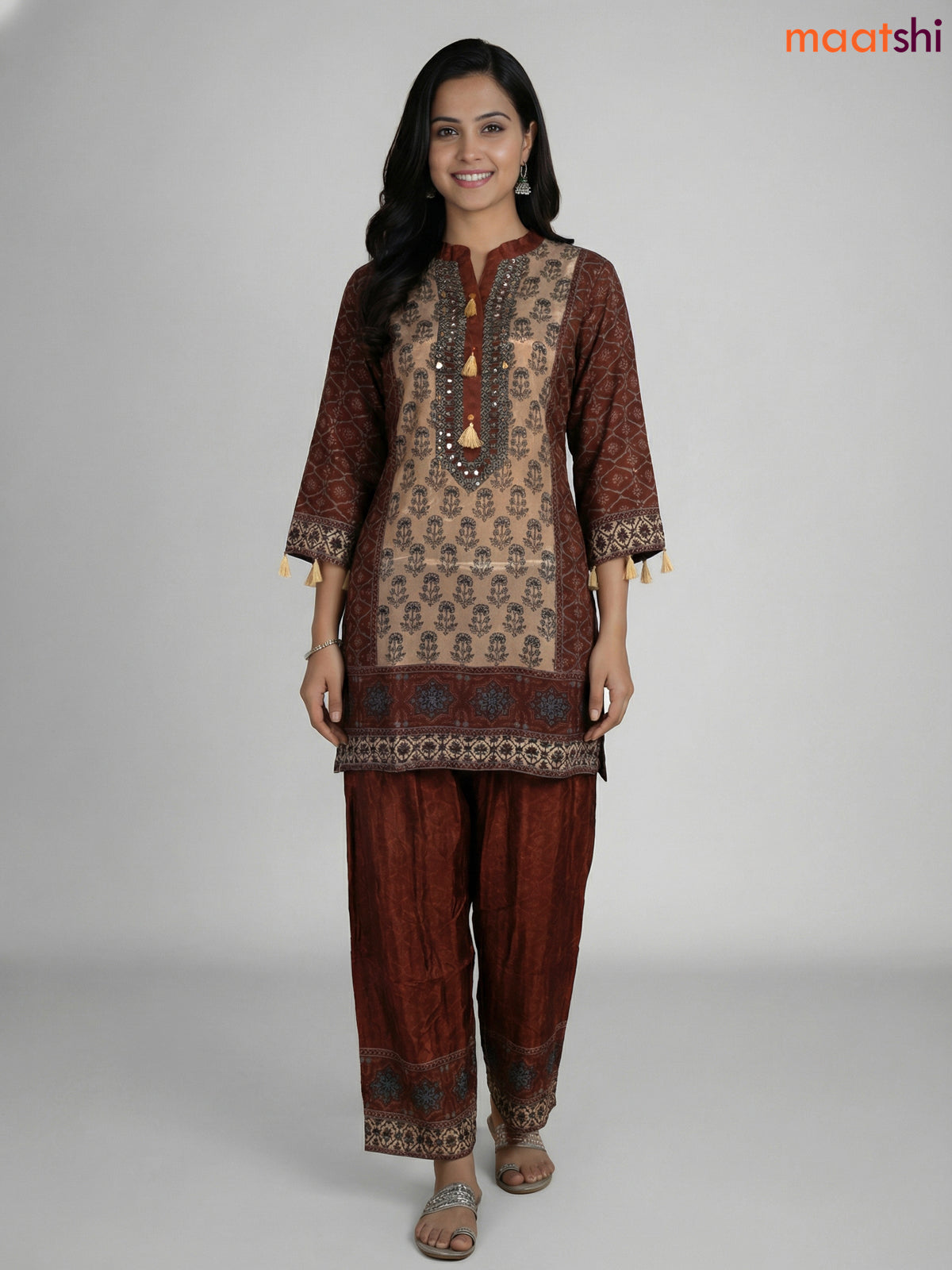 Beige and Brown Crepe Silk Printed Co-Ord Set