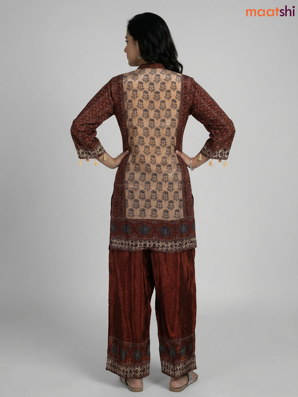 Beige and Brown Crepe Silk Printed Co-Ord Set