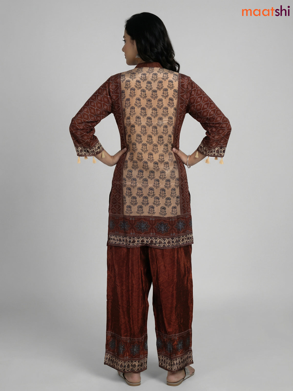 Beige and Brown Crepe Silk Printed Co-Ord Set