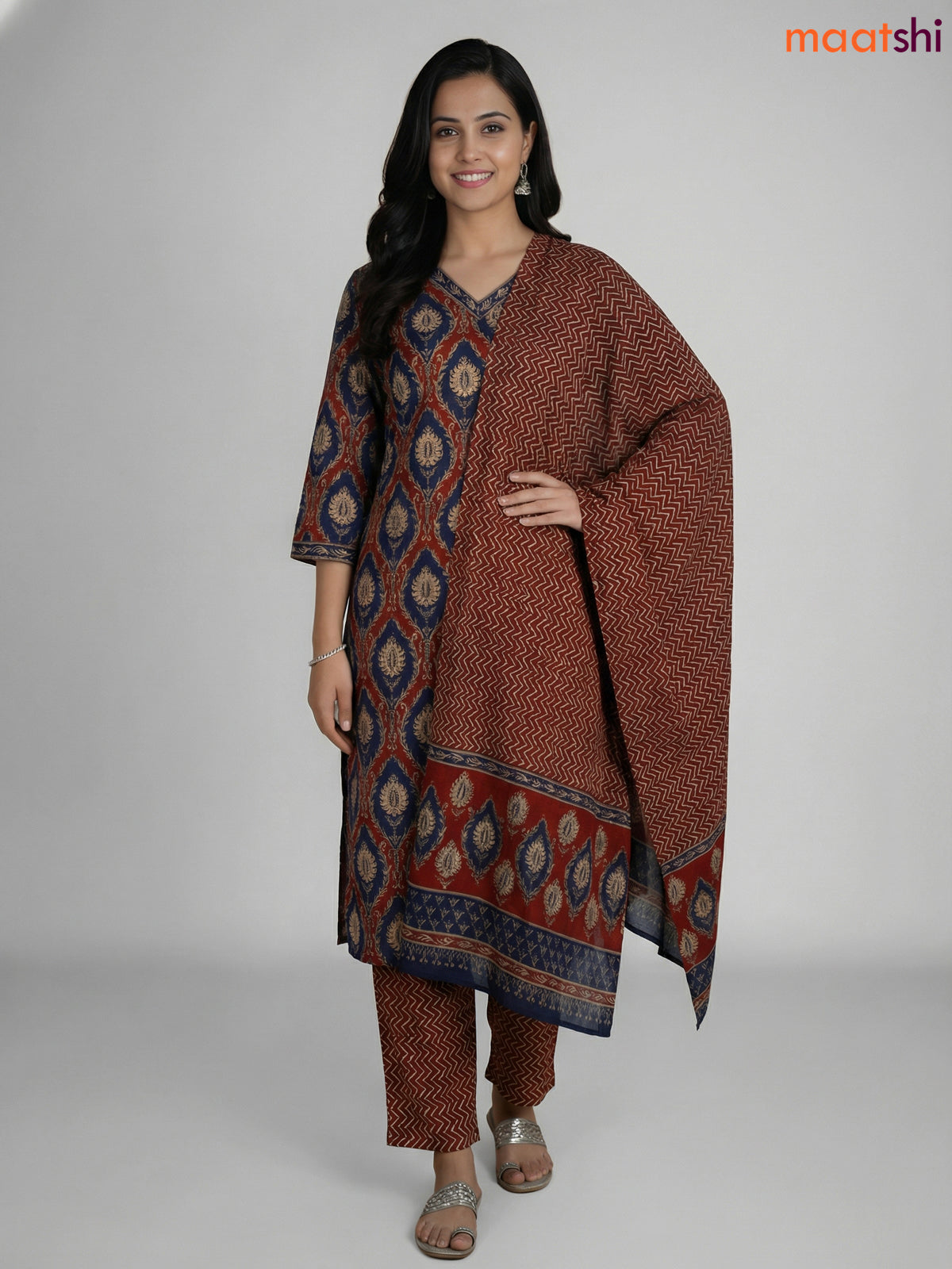 Maroon and Blue Cotton Printed Straight Suit