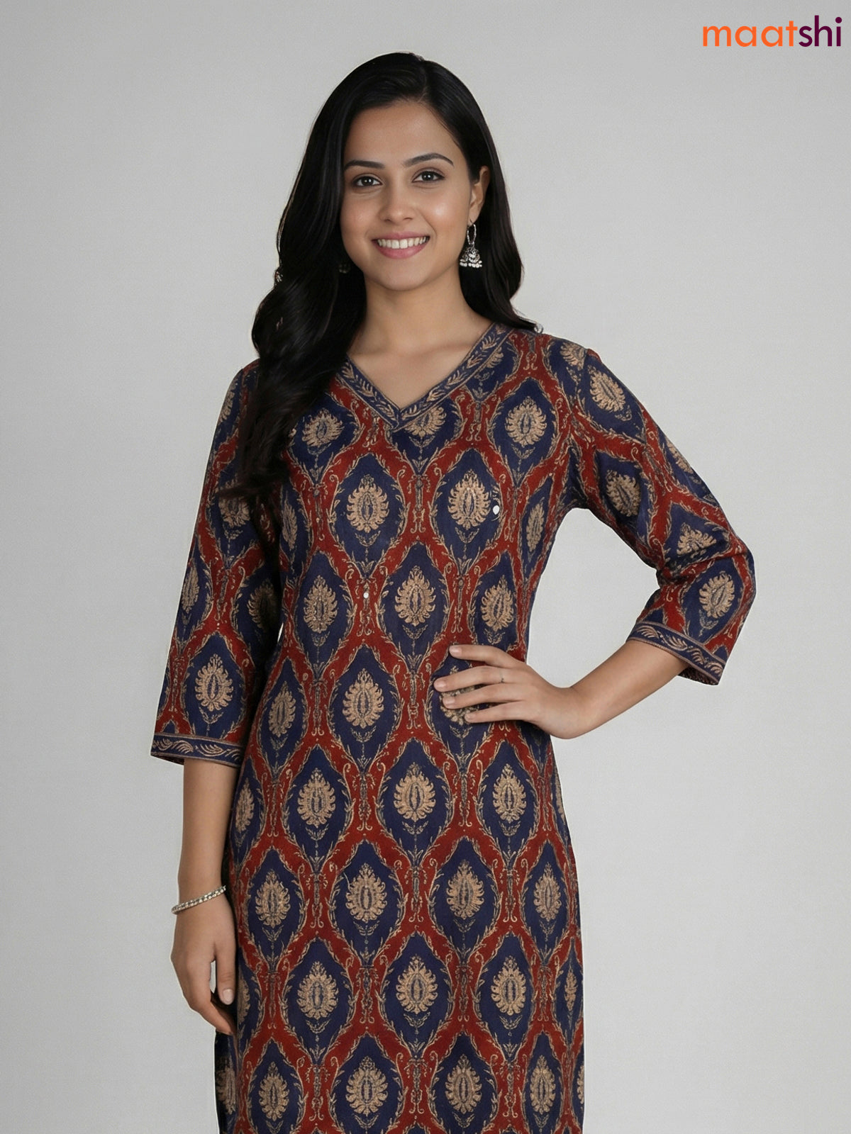 Maroon and Blue Cotton Printed Straight Suit