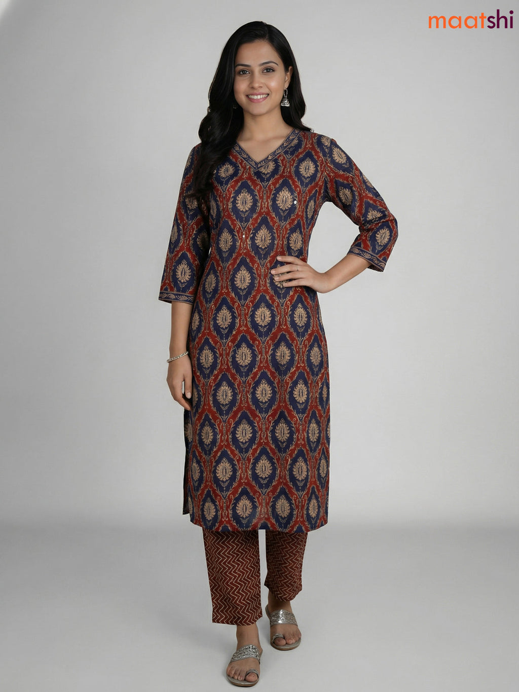 Maroon and Blue Cotton Printed Straight Suit