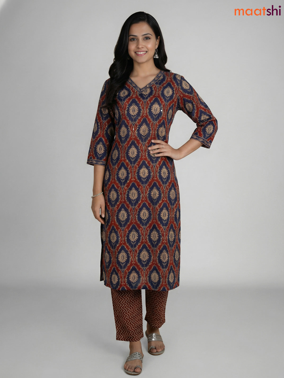 Maroon and Blue Cotton Printed Straight Suit