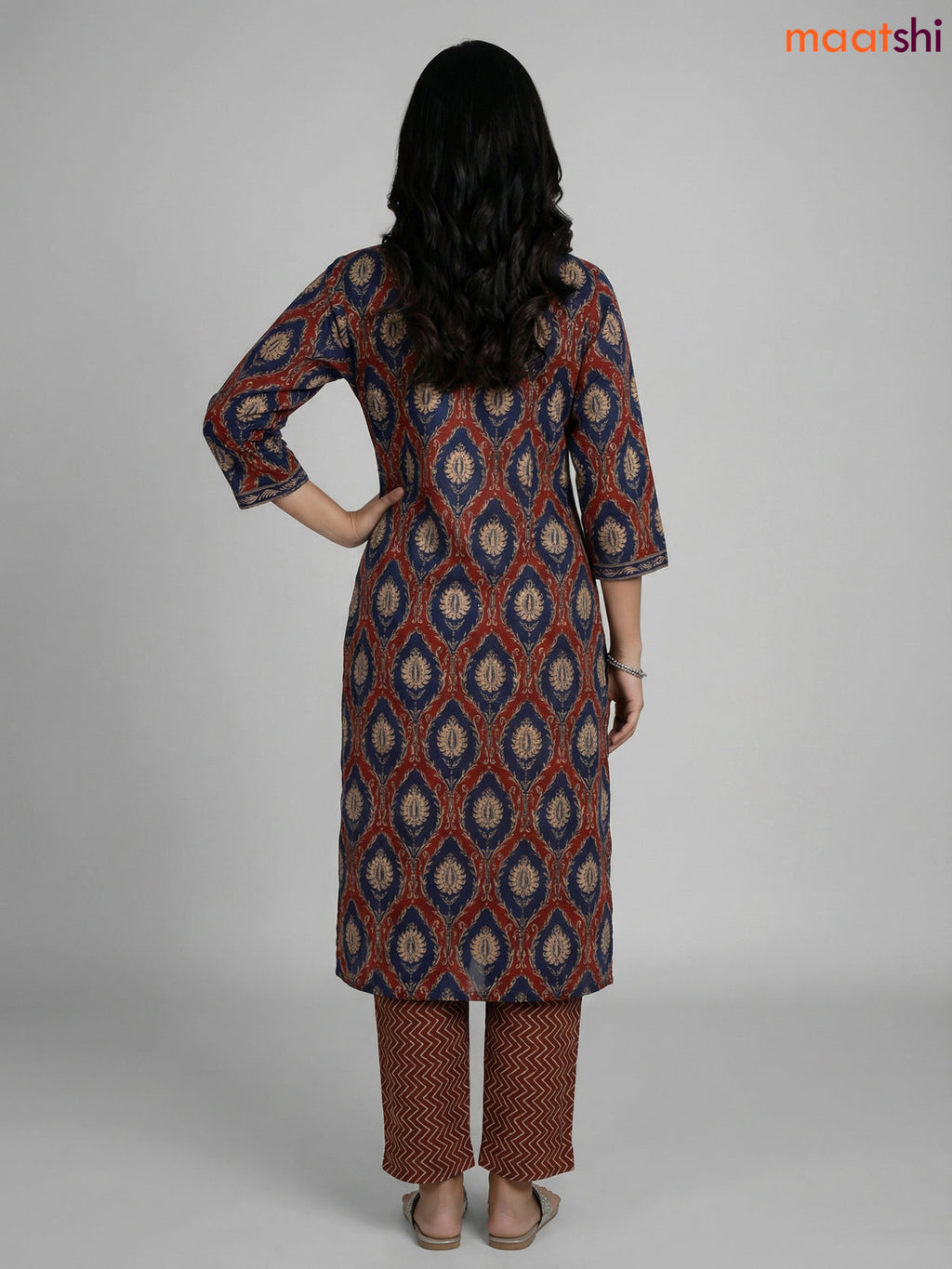 Maroon and Blue Cotton Printed Straight Suit