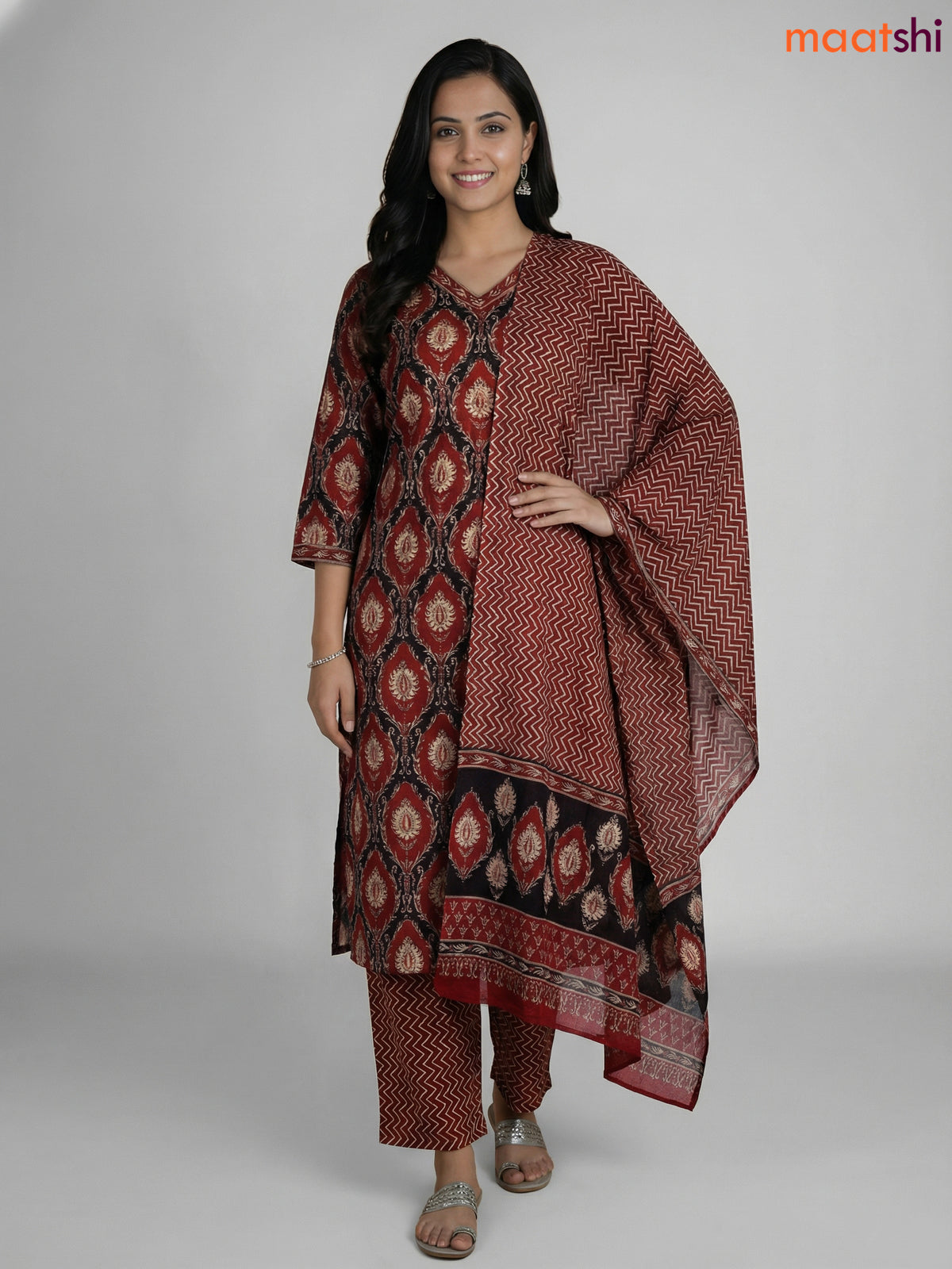 Maroon and Black Cotton Printed Straight Suit