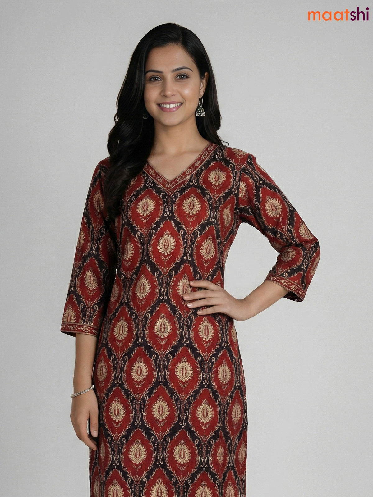 Maroon and Black Cotton Printed Straight Suit