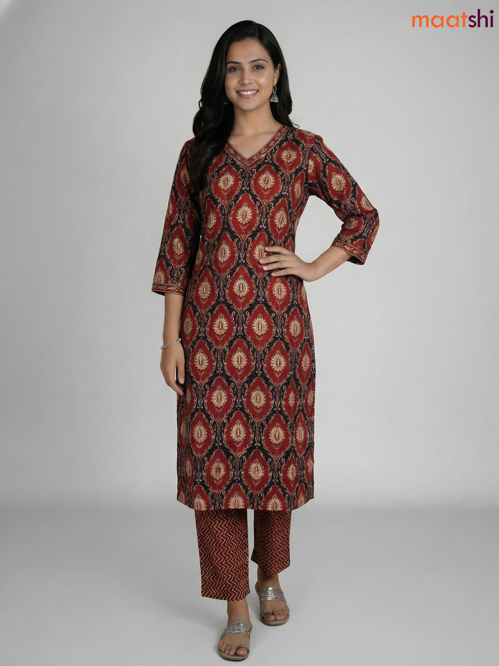 Maroon and Black Cotton Printed Straight Suit