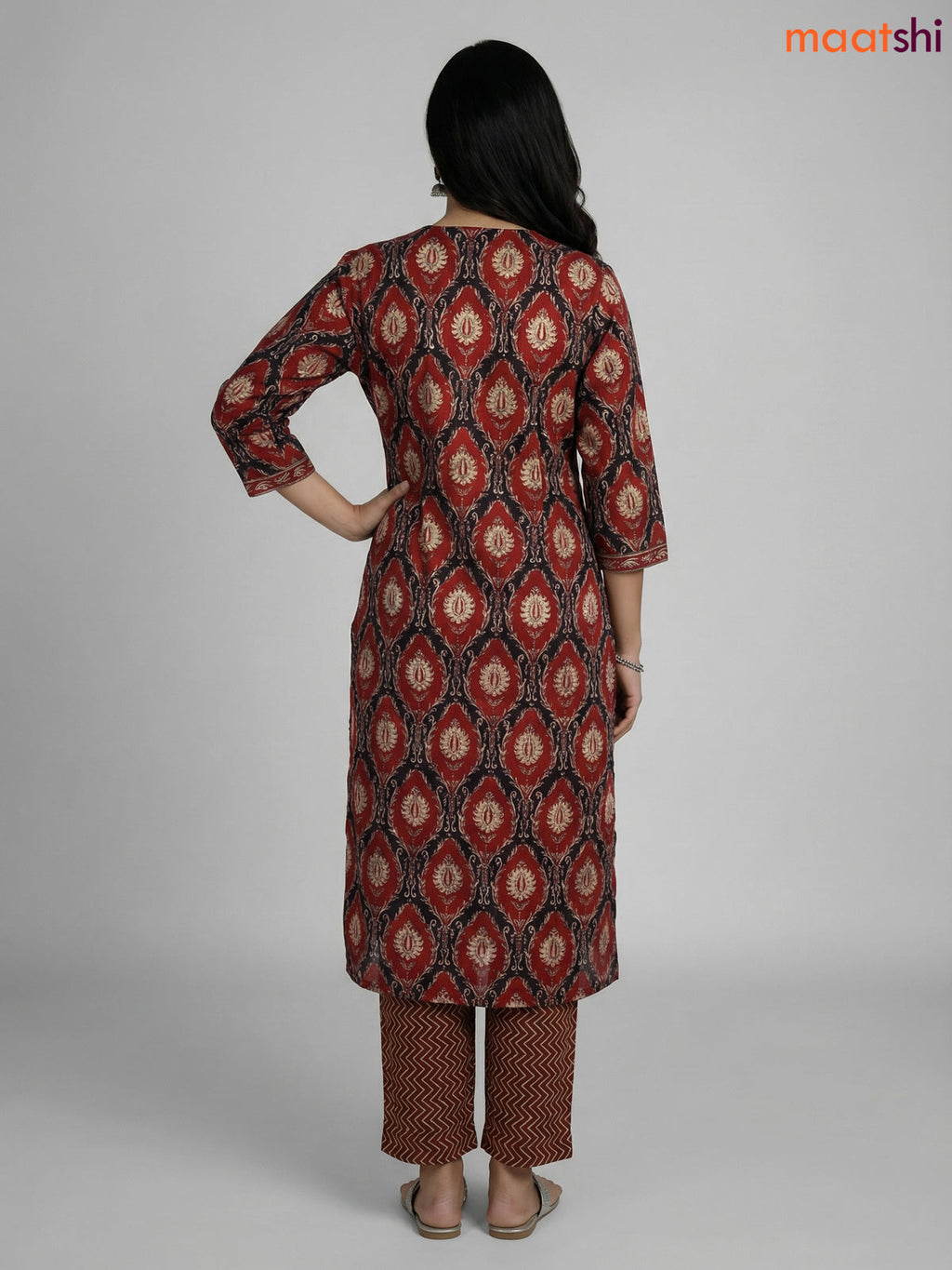 Maroon and Black Cotton Printed Straight Suit