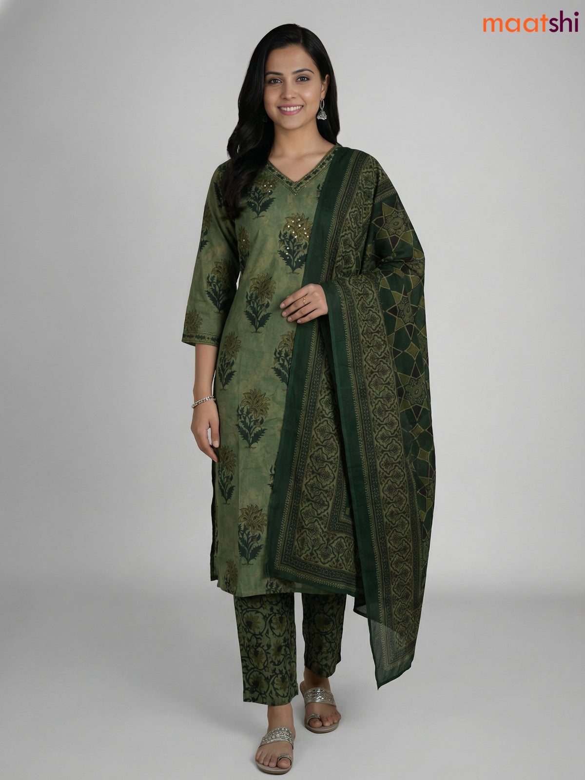 Pastel Green and Green Cotton Printed Straight Suit