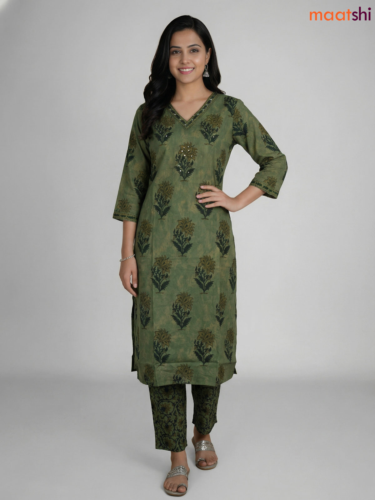 Pastel Green and Green Cotton Printed Straight Suit