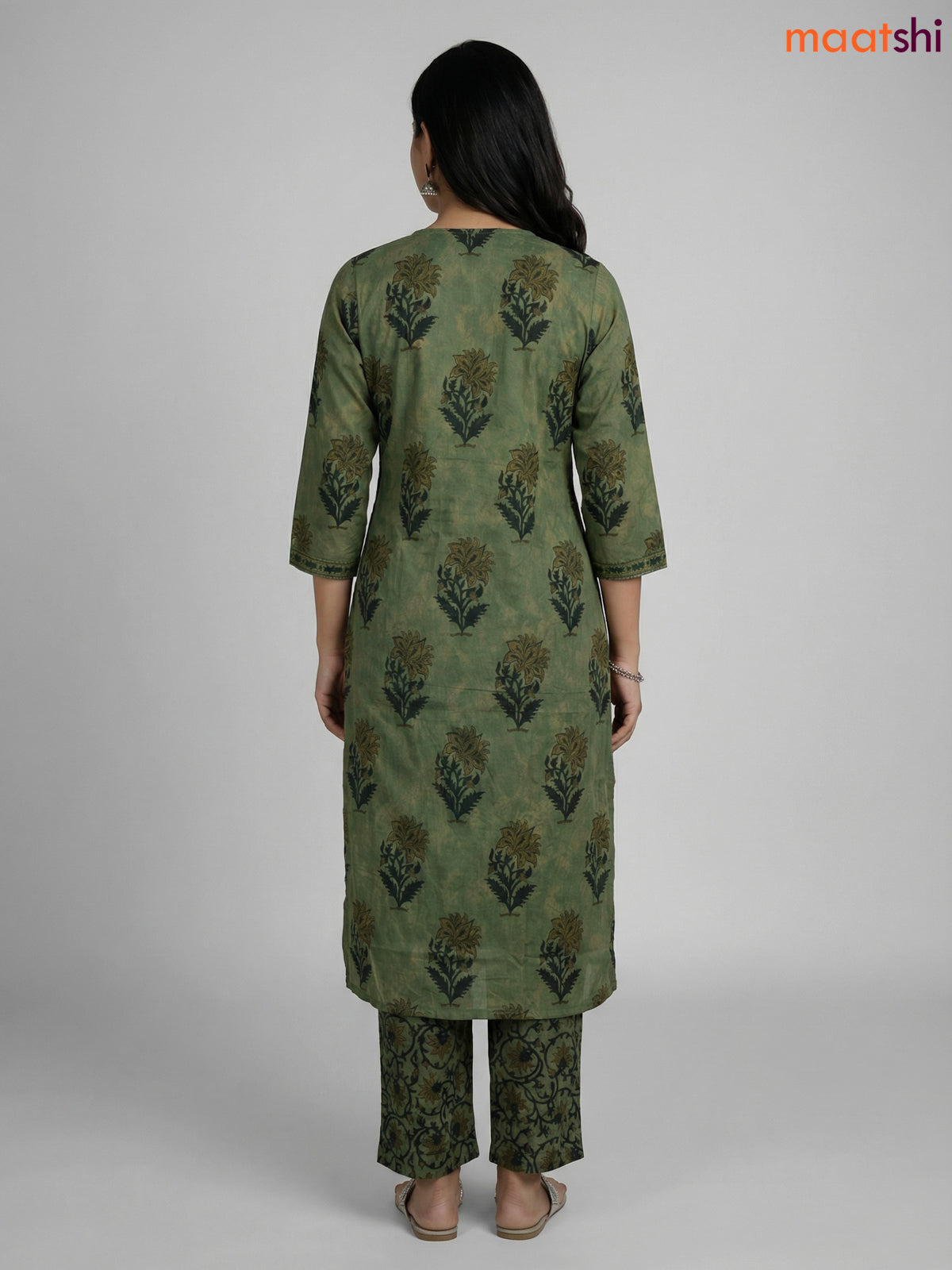Pastel Green and Green Cotton Printed Straight Suit