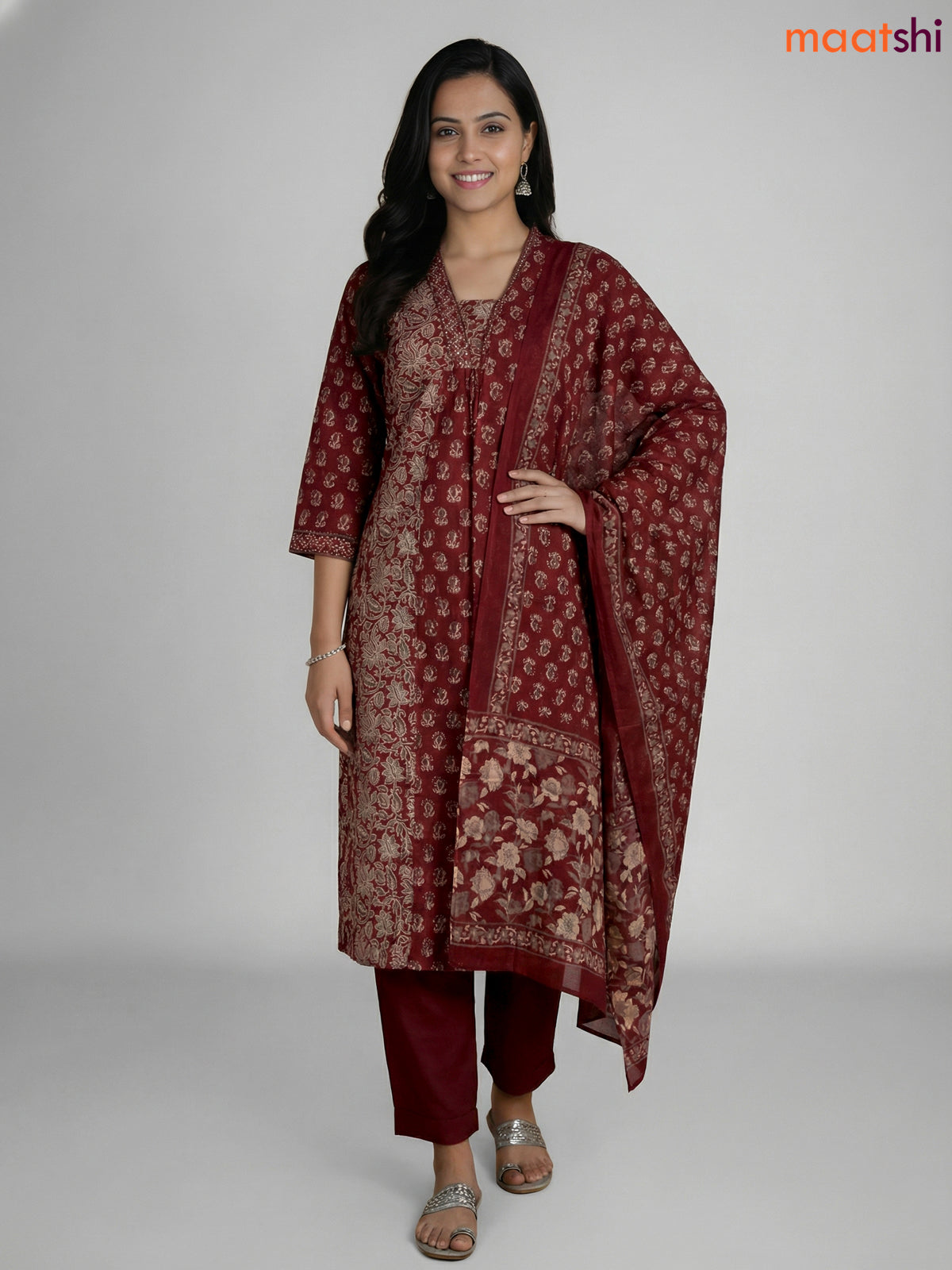 Maroon Cotton Ajrakh Printed Aline Suit
