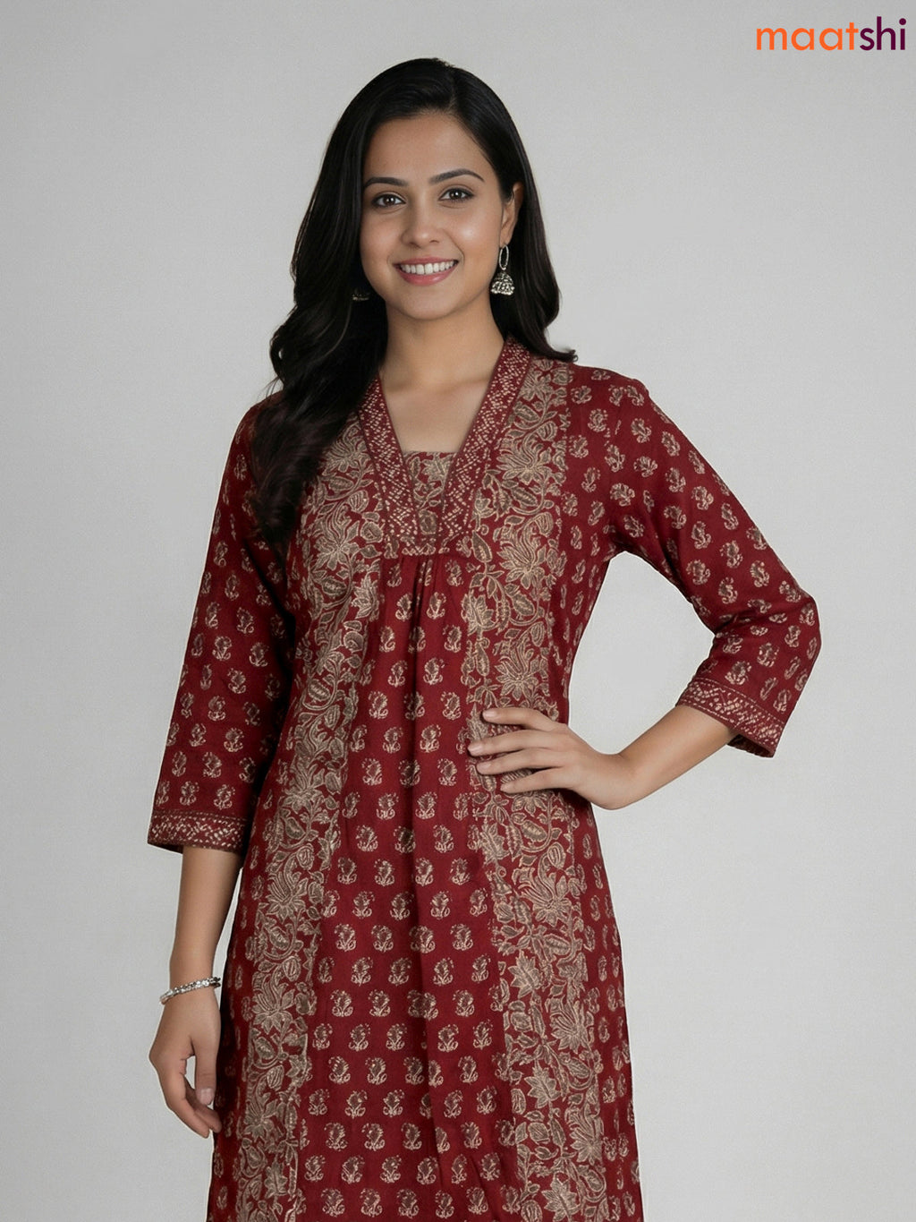 Maroon Cotton Ajrakh Printed Aline Suit