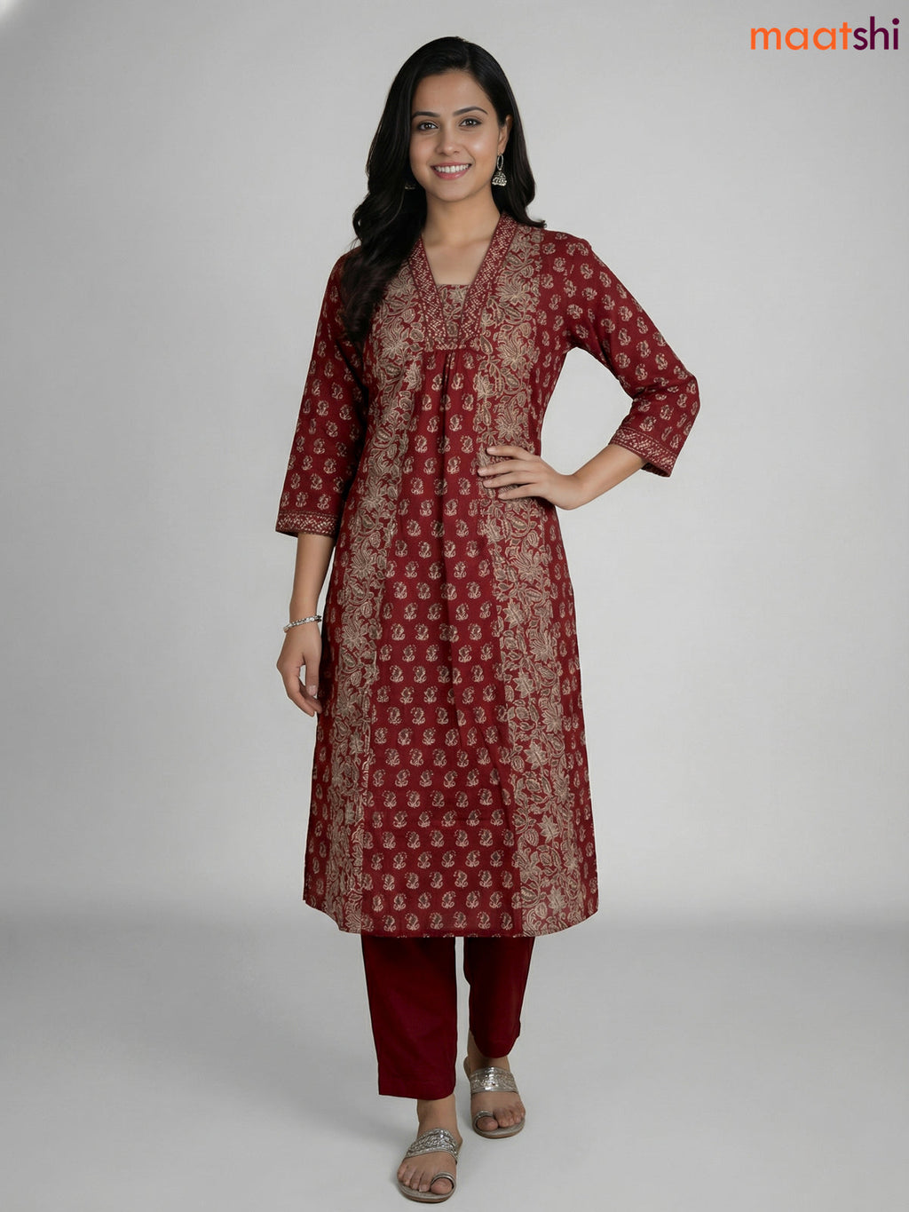 Maroon Cotton Ajrakh Printed Aline Suit