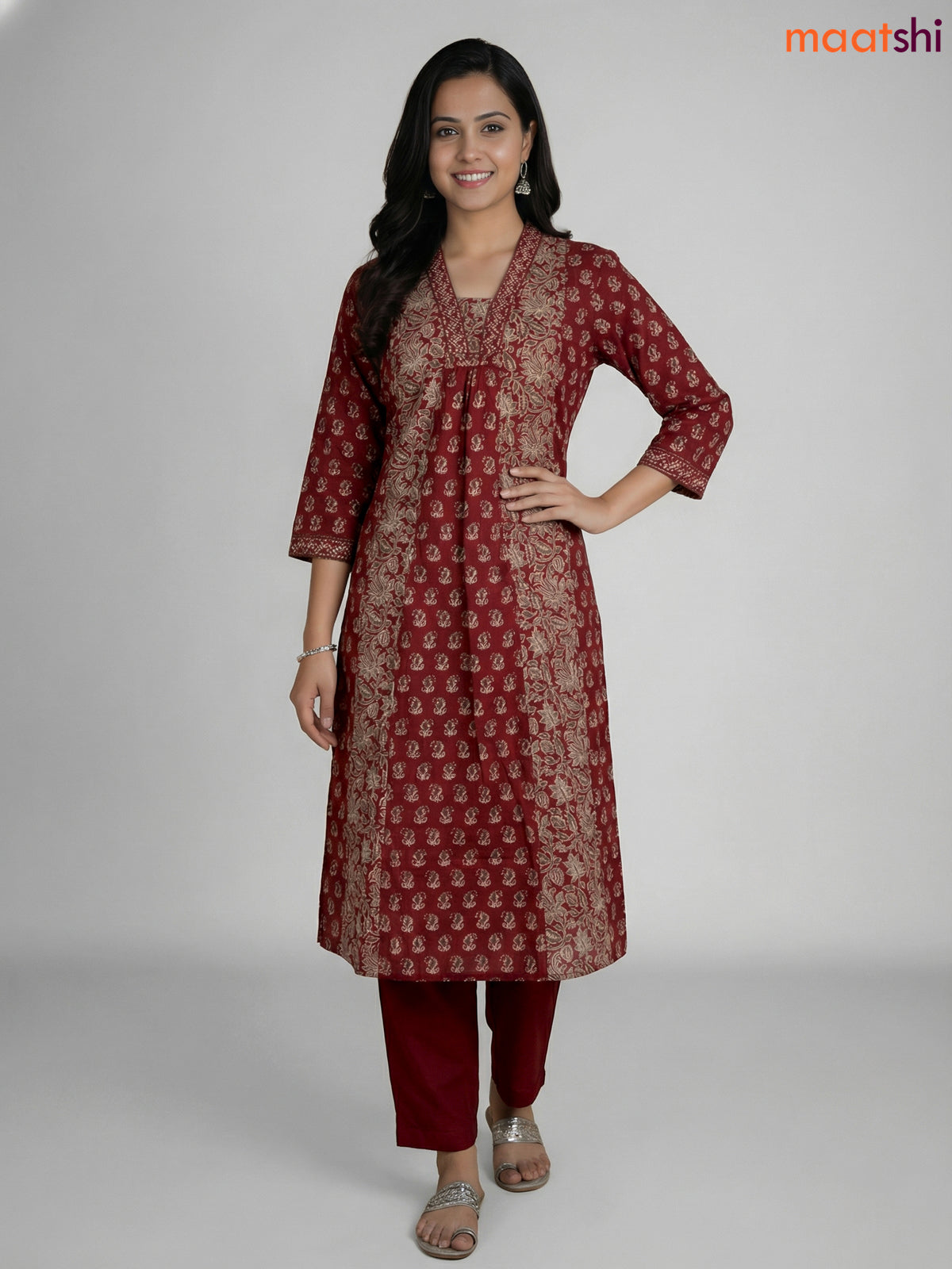 Maroon Cotton Ajrakh Printed Aline Suit