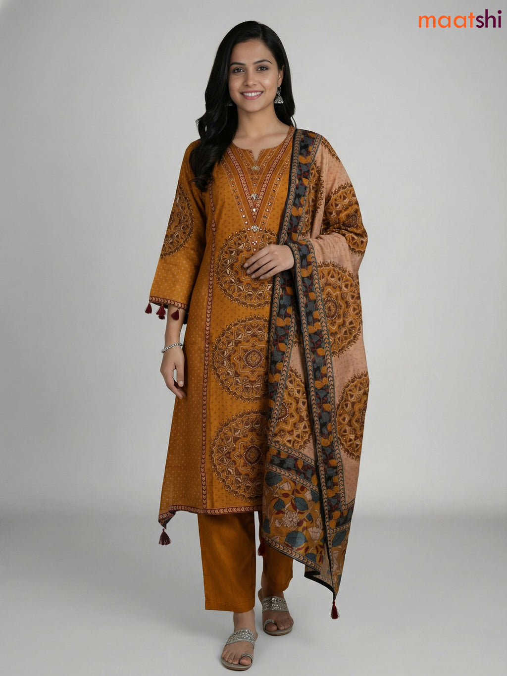 Mustard Shade Russian Silk Printed Aline Suit