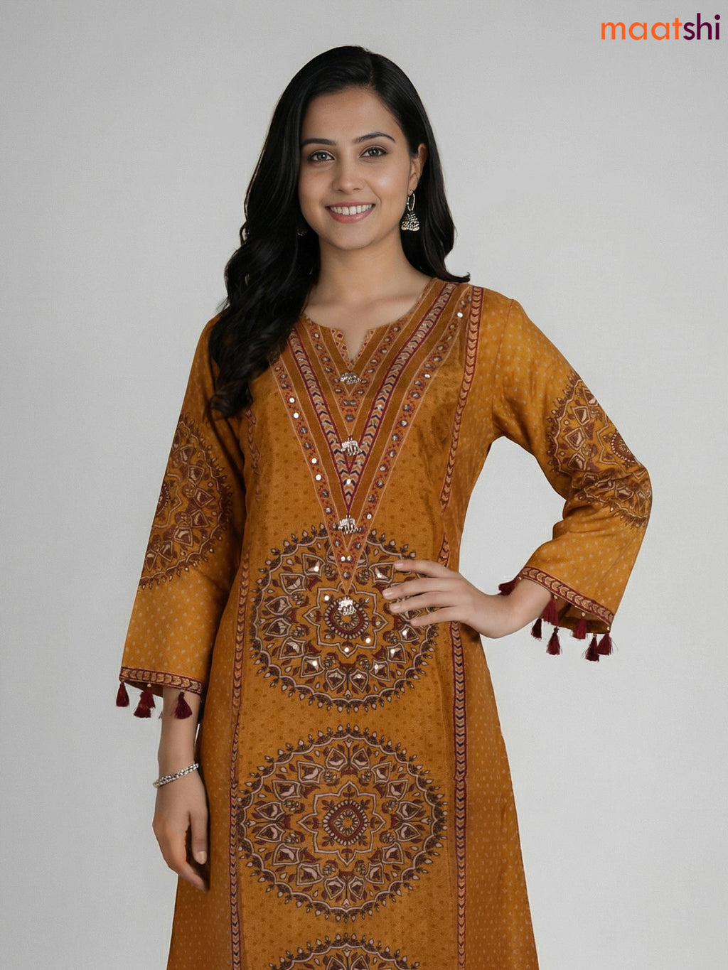 Mustard Shade Russian Silk Printed Aline Suit