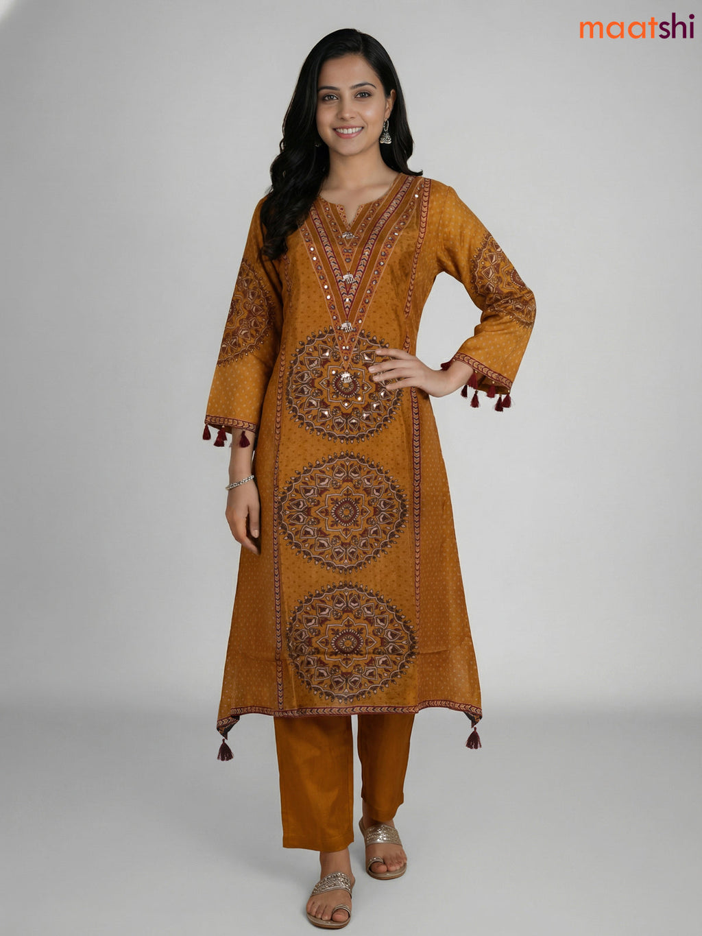 Mustard Shade Russian Silk Printed Aline Suit