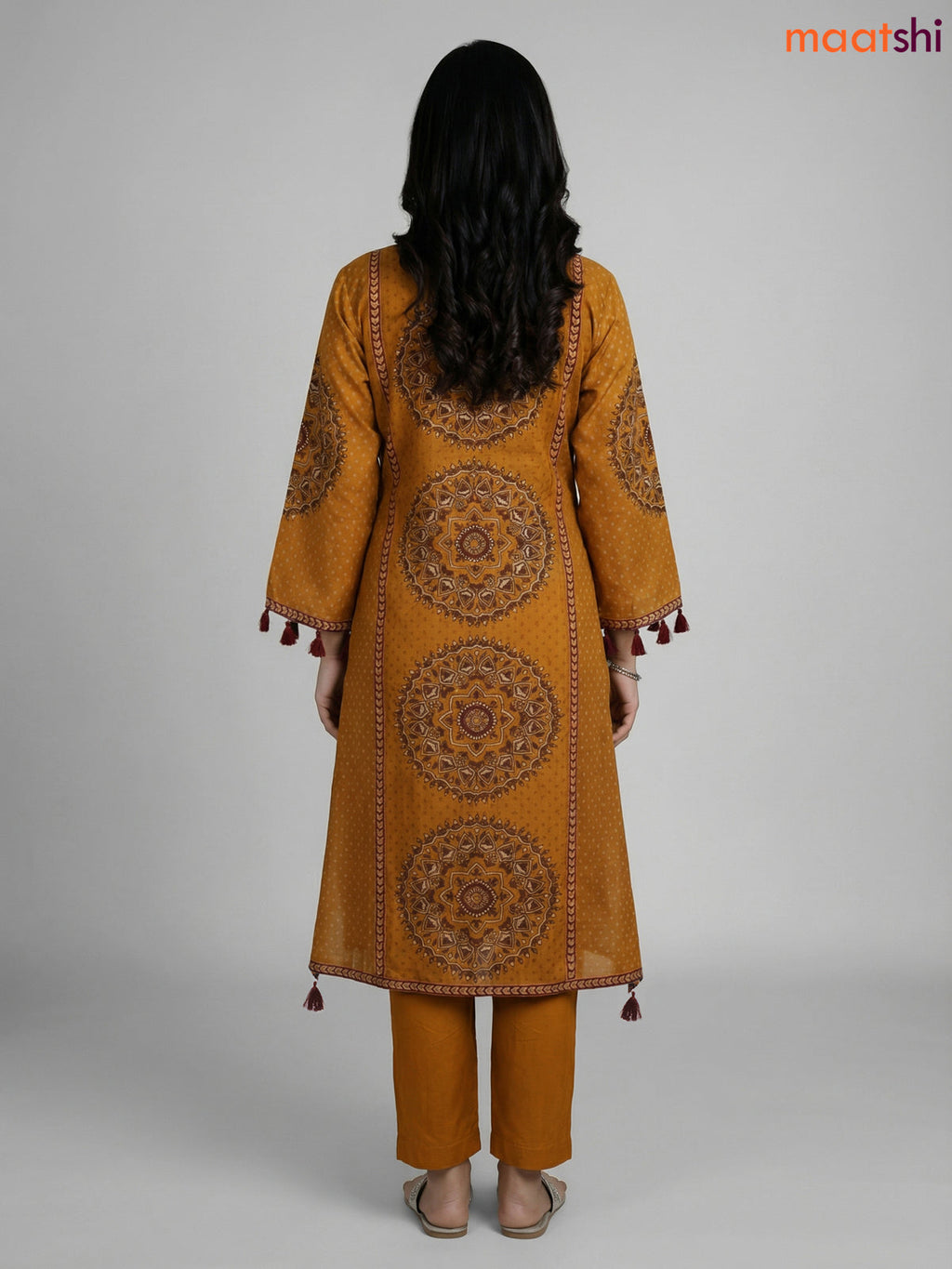 Mustard Shade Russian Silk Printed Aline Suit