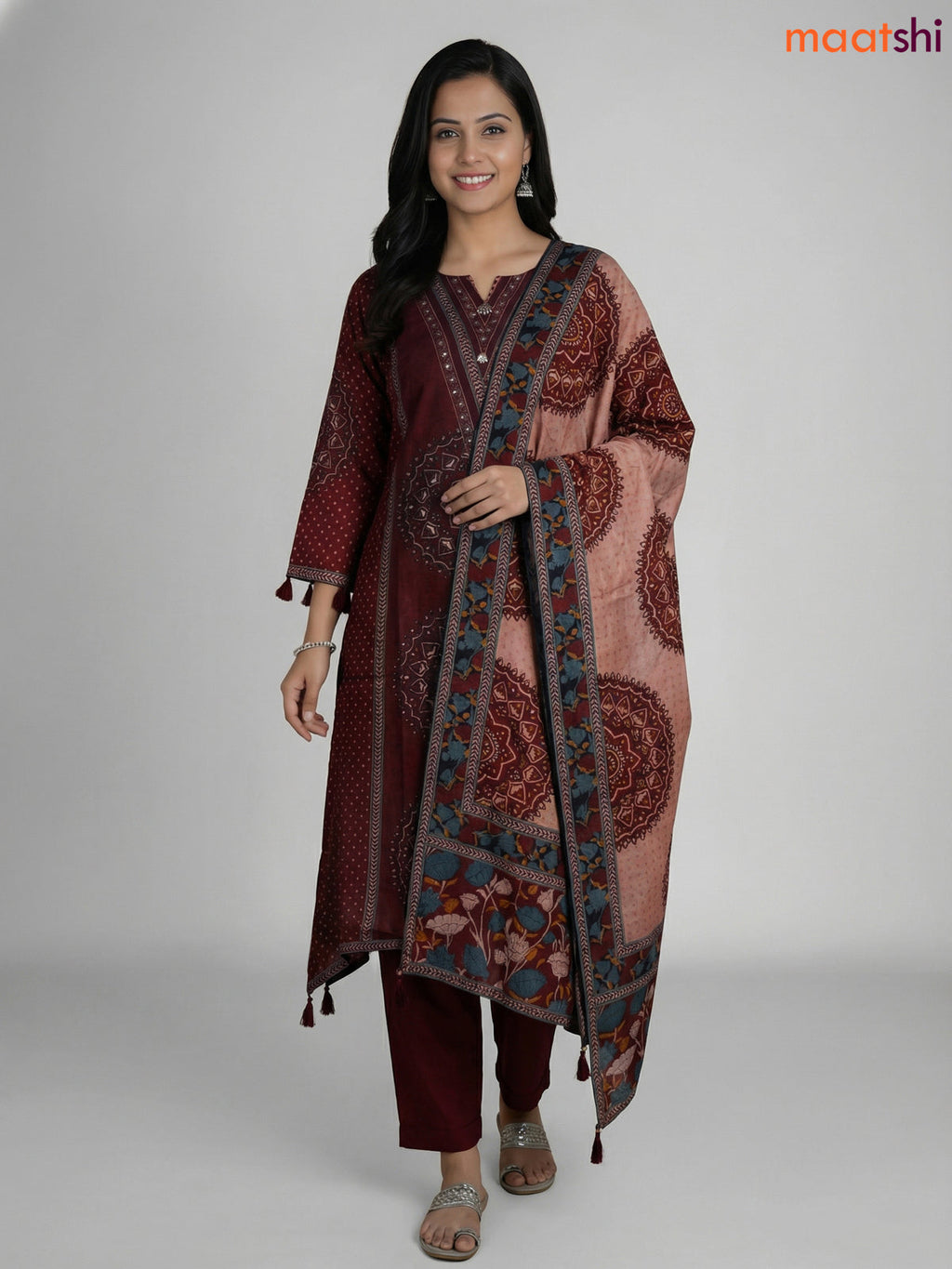 Dark Maroon Russian Silk Printed Aline Suit