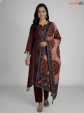 Dark Maroon Russian Silk Printed A-line Suit