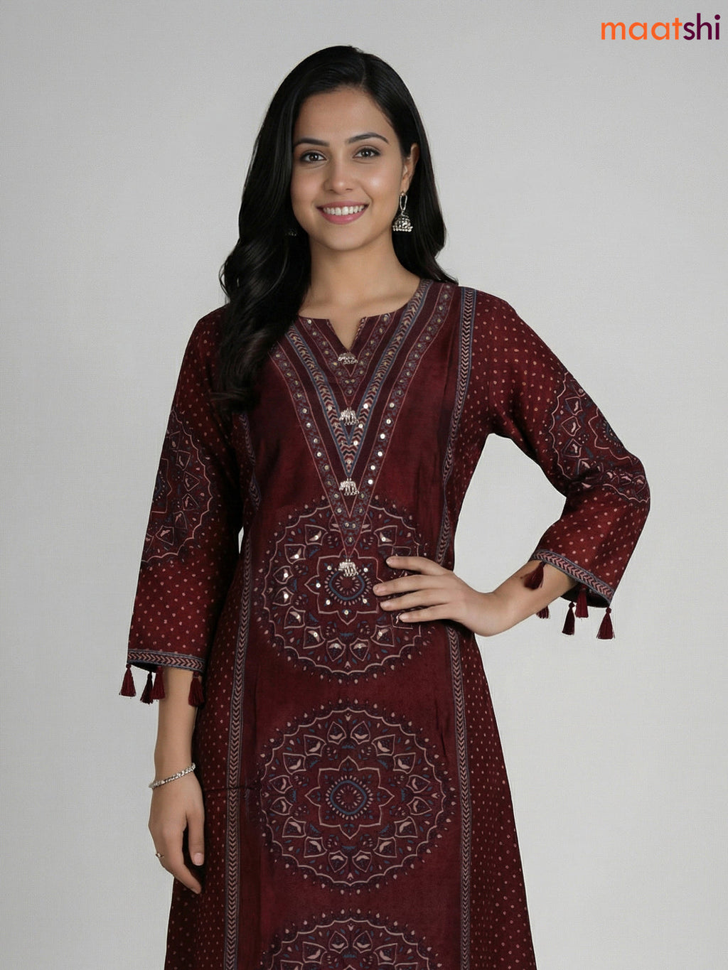 Dark Maroon Russian Silk Printed Aline Suit