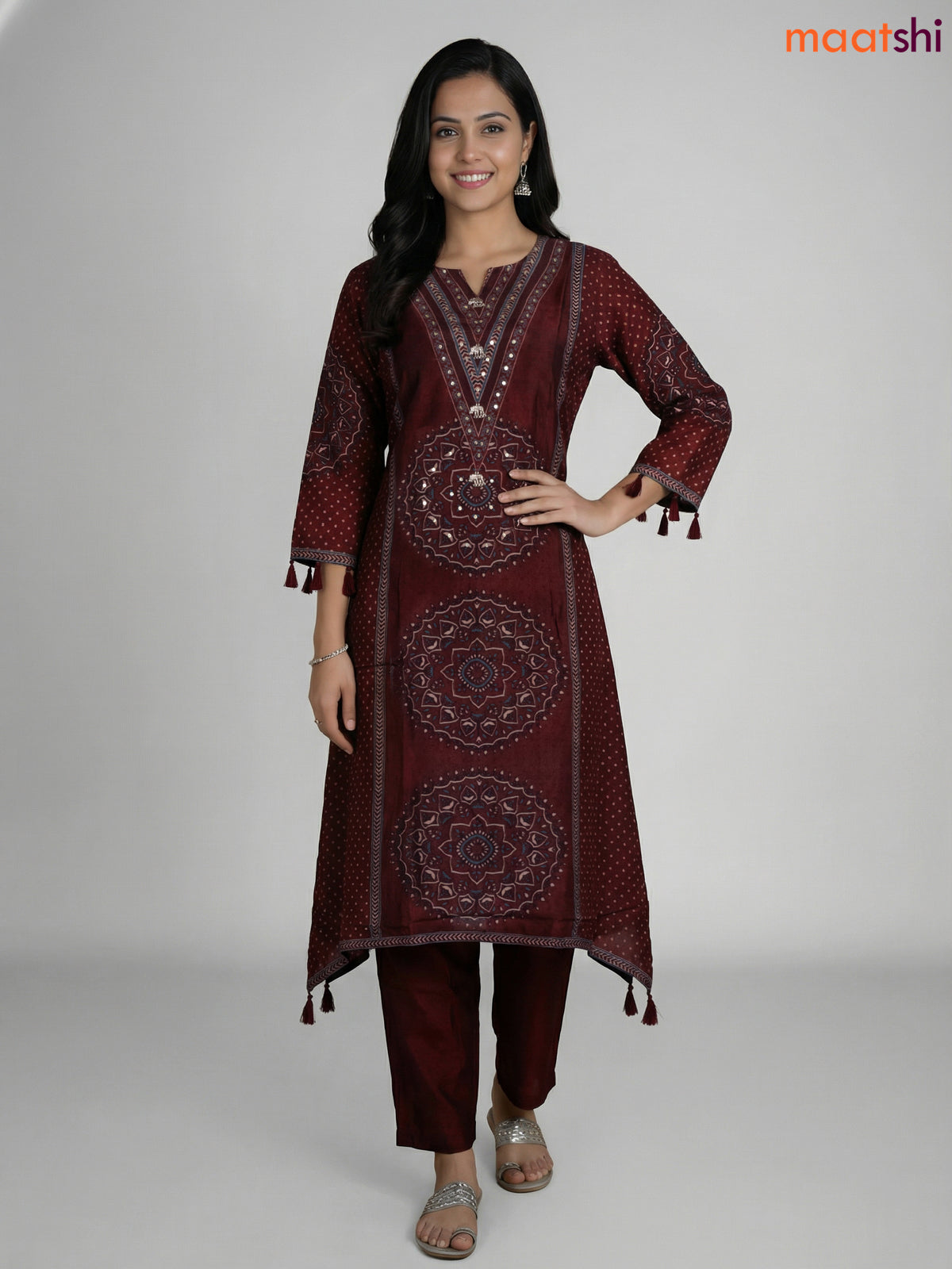 Dark Maroon Russian Silk Printed Aline Suit