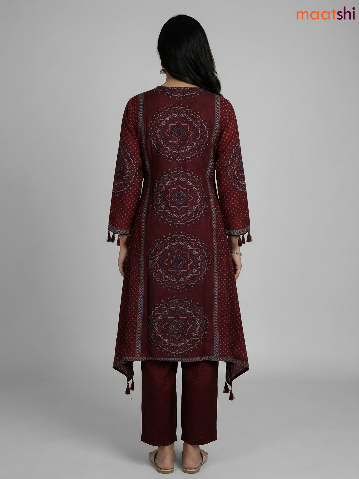 Dark Maroon Russian Silk Printed Aline Suit