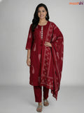 Maroon Cotton Printed & Mirror Work Straight Suit