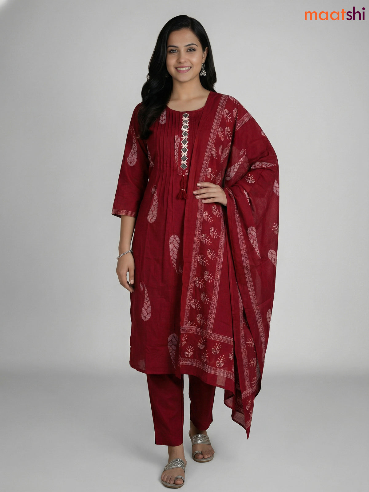 Maroon Cotton Printed & Mirror Work Straight Suit