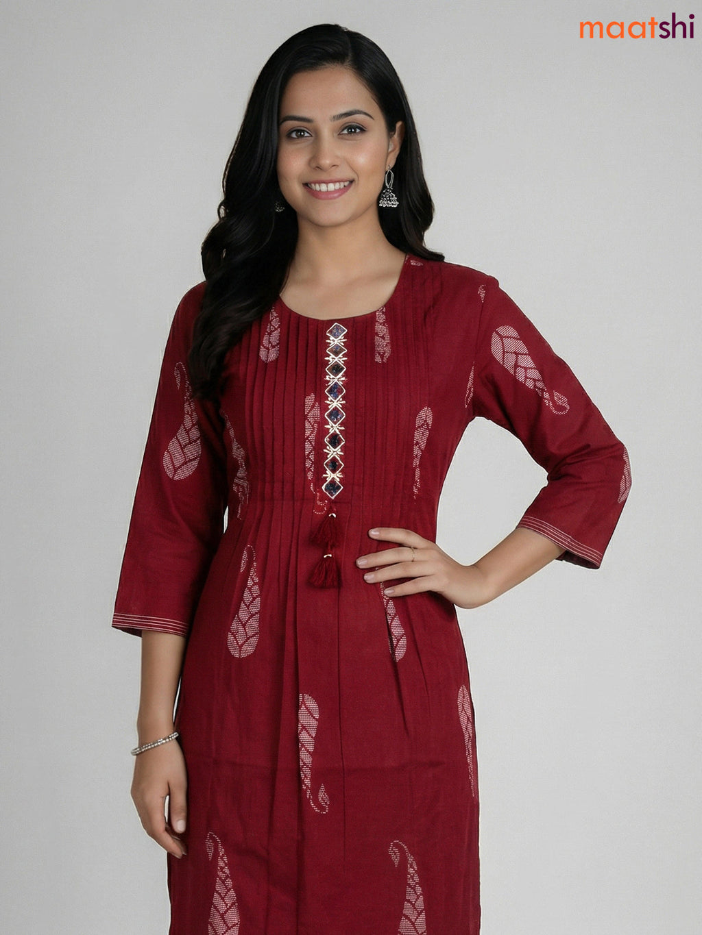 Maroon Cotton Printed & Mirror Work Straight Suit