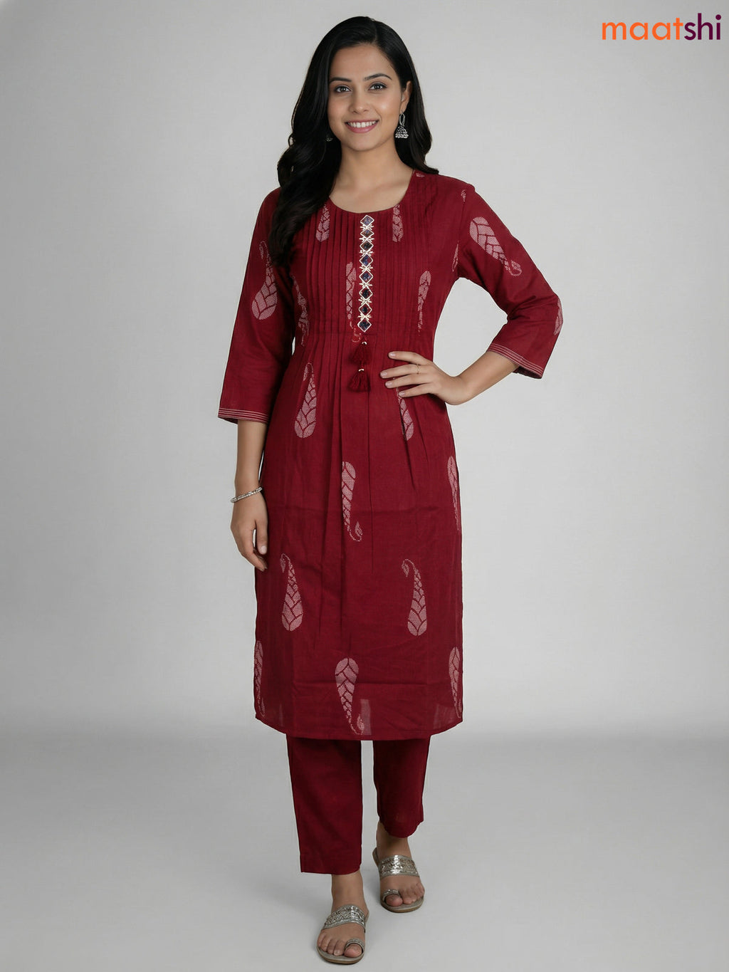 Maroon Cotton Printed & Mirror Work Straight Suit