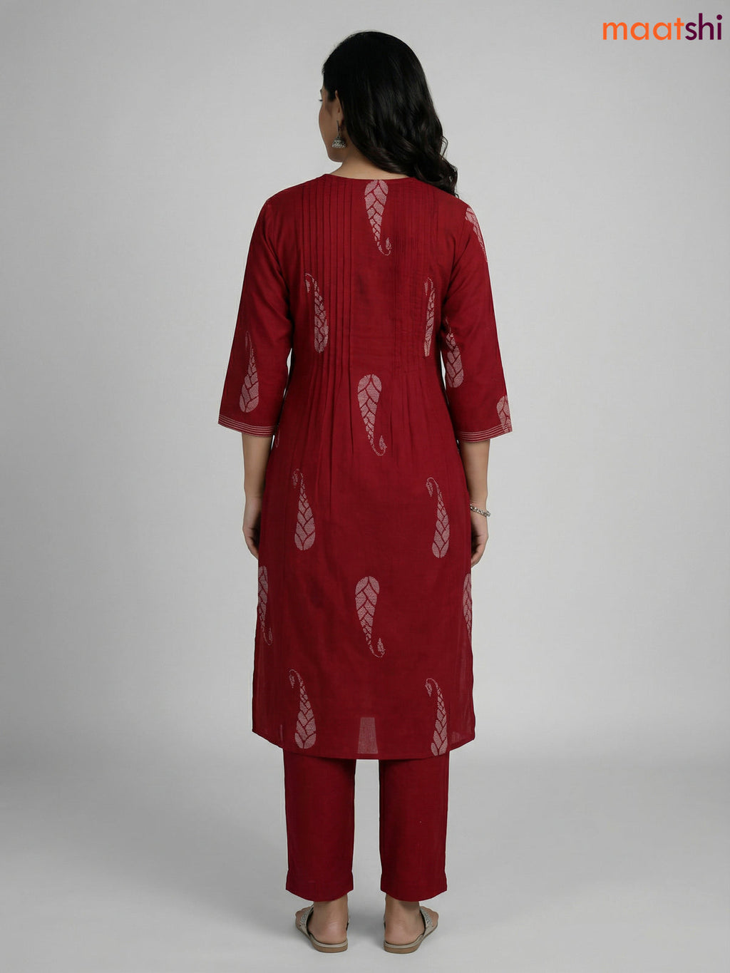 Maroon Cotton Printed & Mirror Work Straight Suit