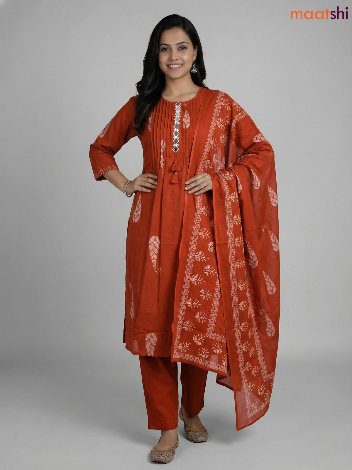 Rust Shade Cotton Printed & Mirror Work Straight Suit