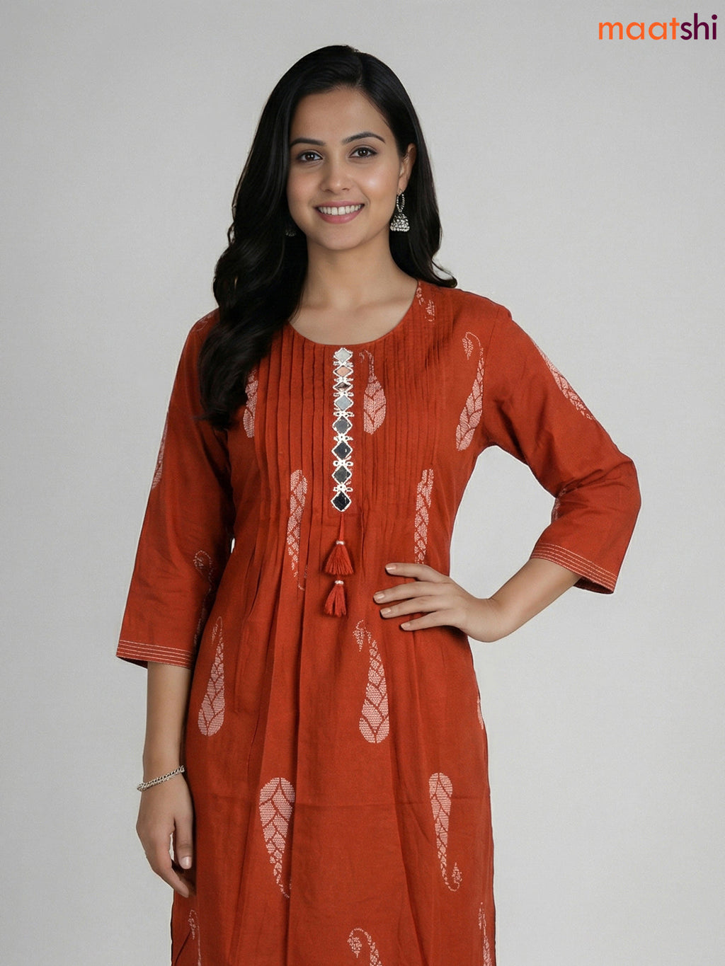Rust Shade Cotton Printed & Mirror Work Straight Suit
