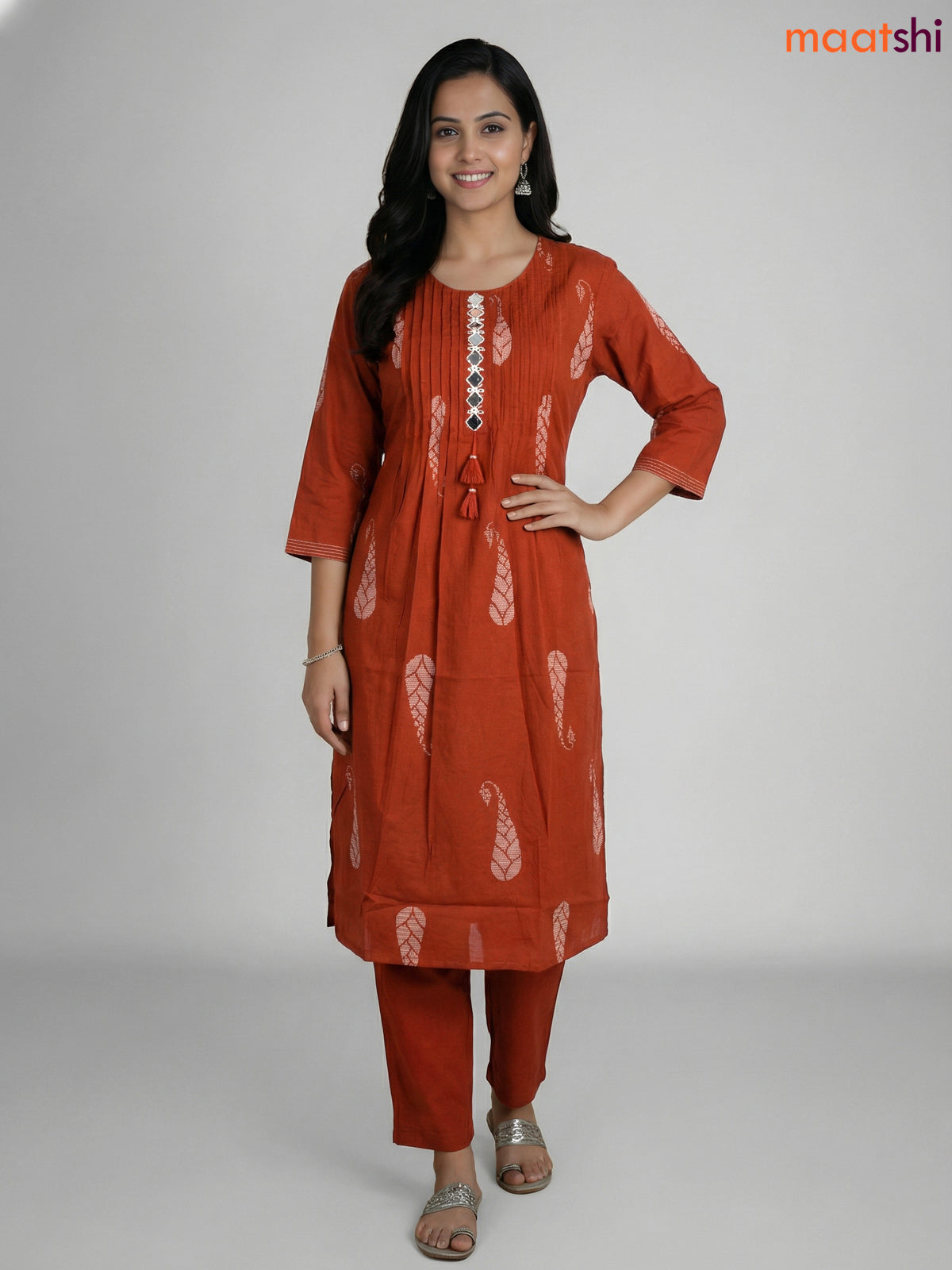 Rust Shade Cotton Printed & Mirror Work Straight Suit