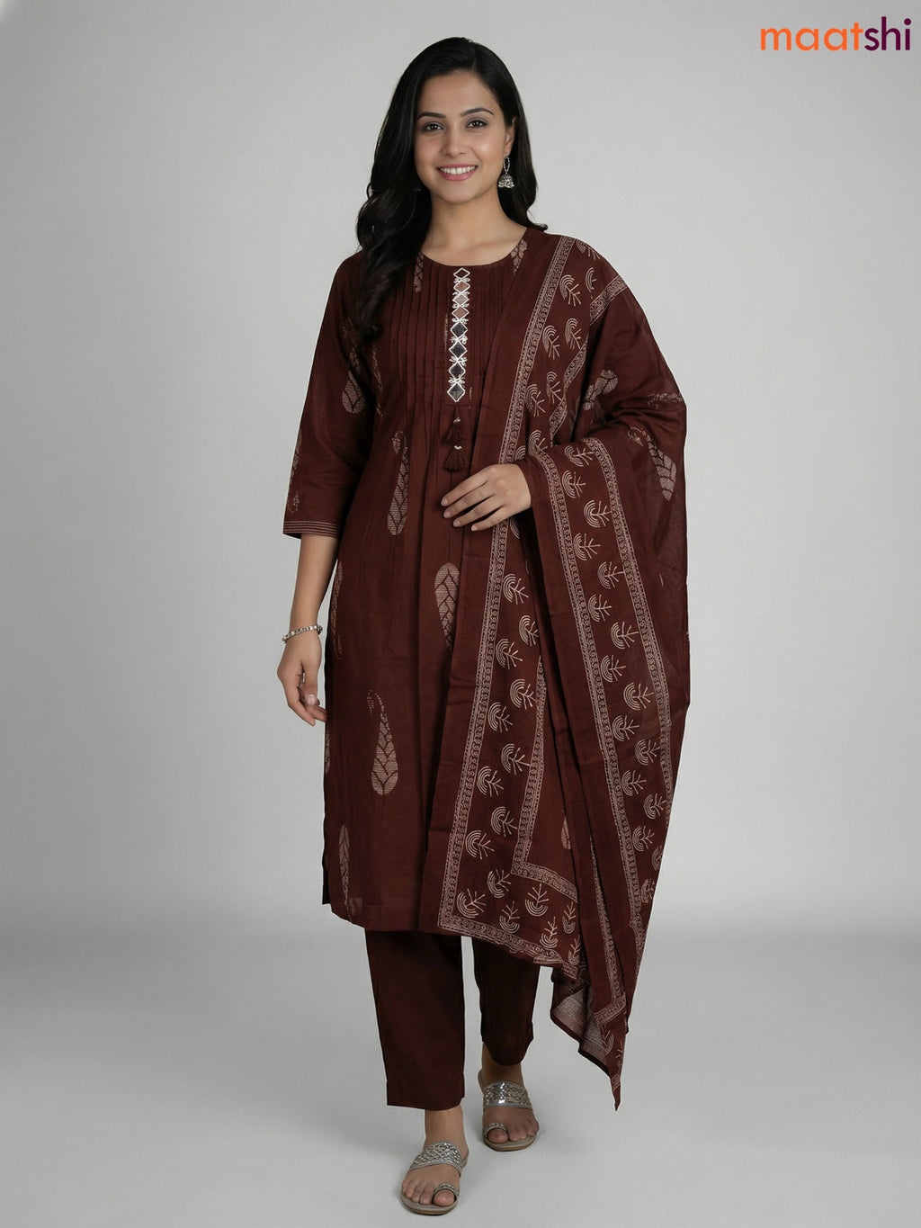 Dark Brown Cotton Printed & Mirror Work Straight Suit