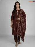 Dark Brown Cotton Printed & Mirror Work Straight Suit
