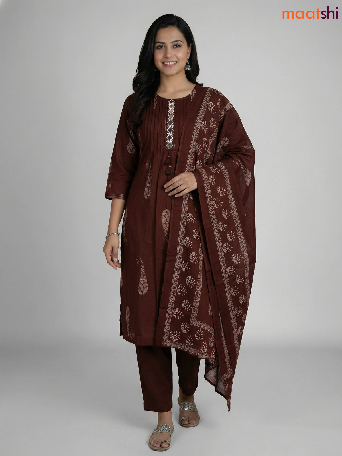Dark Brown Cotton Printed & Mirror Work Straight Suit