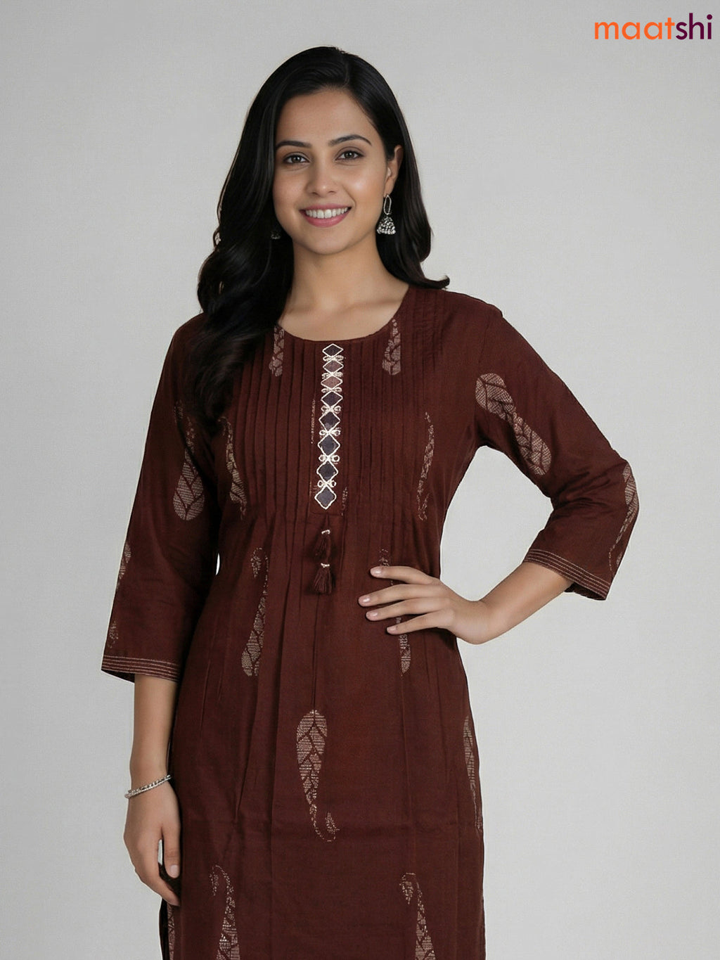 Dark Brown Cotton Printed & Mirror Work Straight Suit