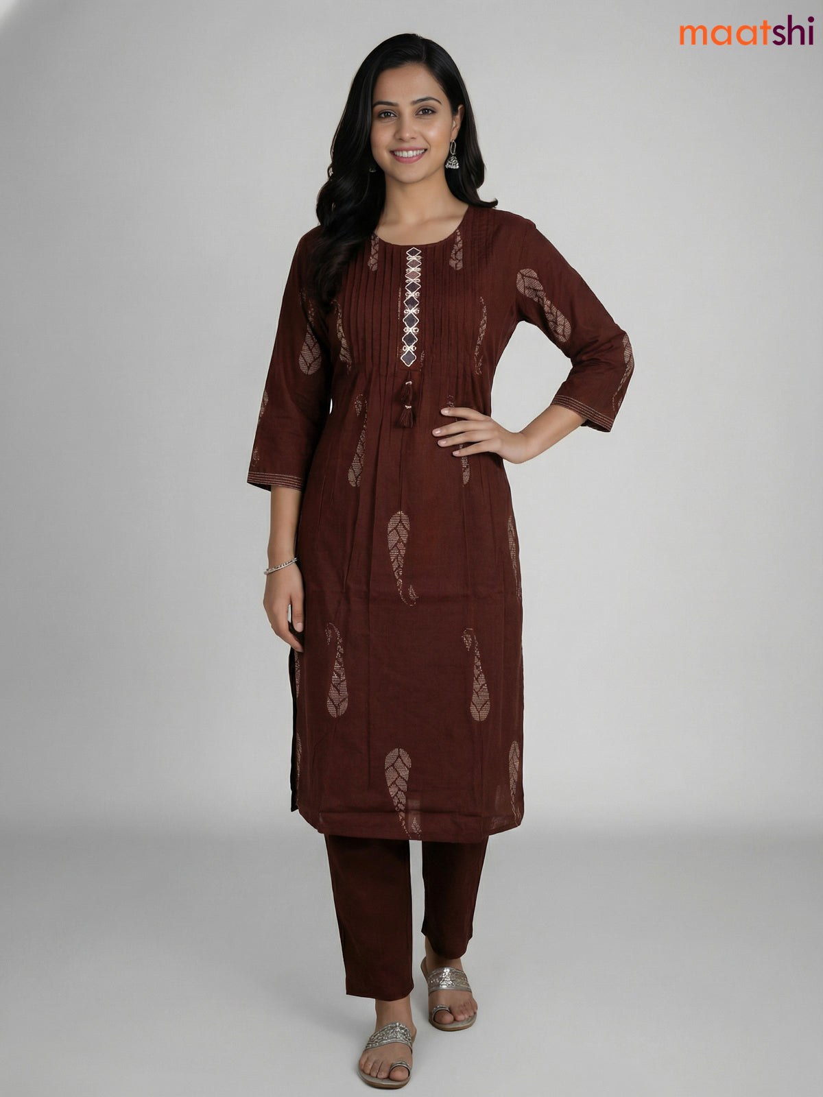 Dark Brown Cotton Printed & Mirror Work Straight Suit