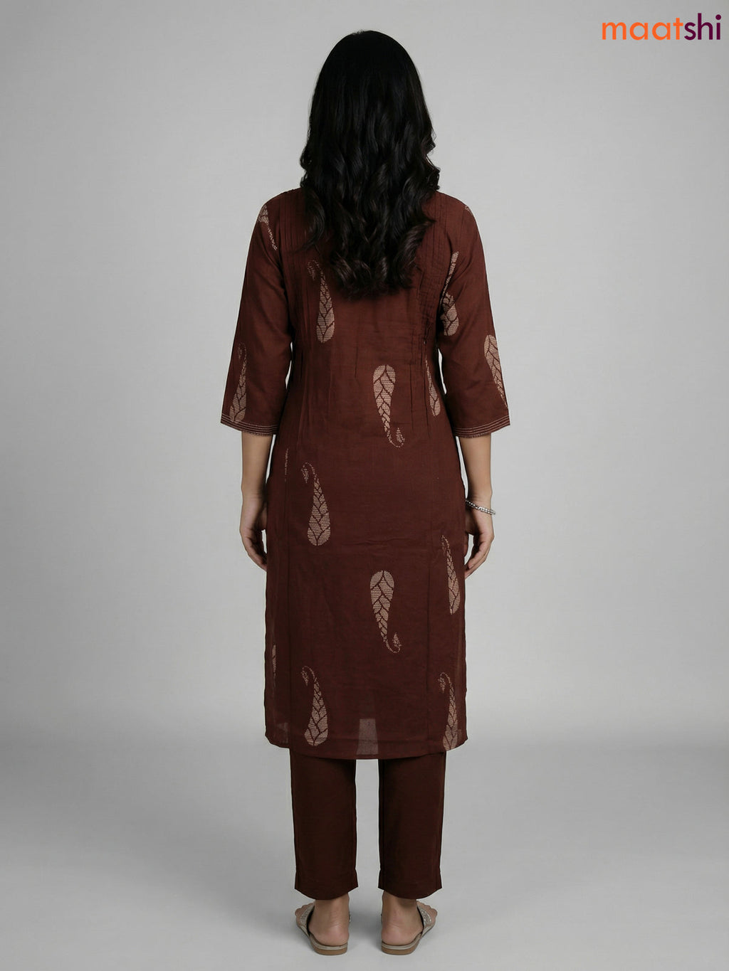 Dark Brown Cotton Printed & Mirror Work Straight Suit