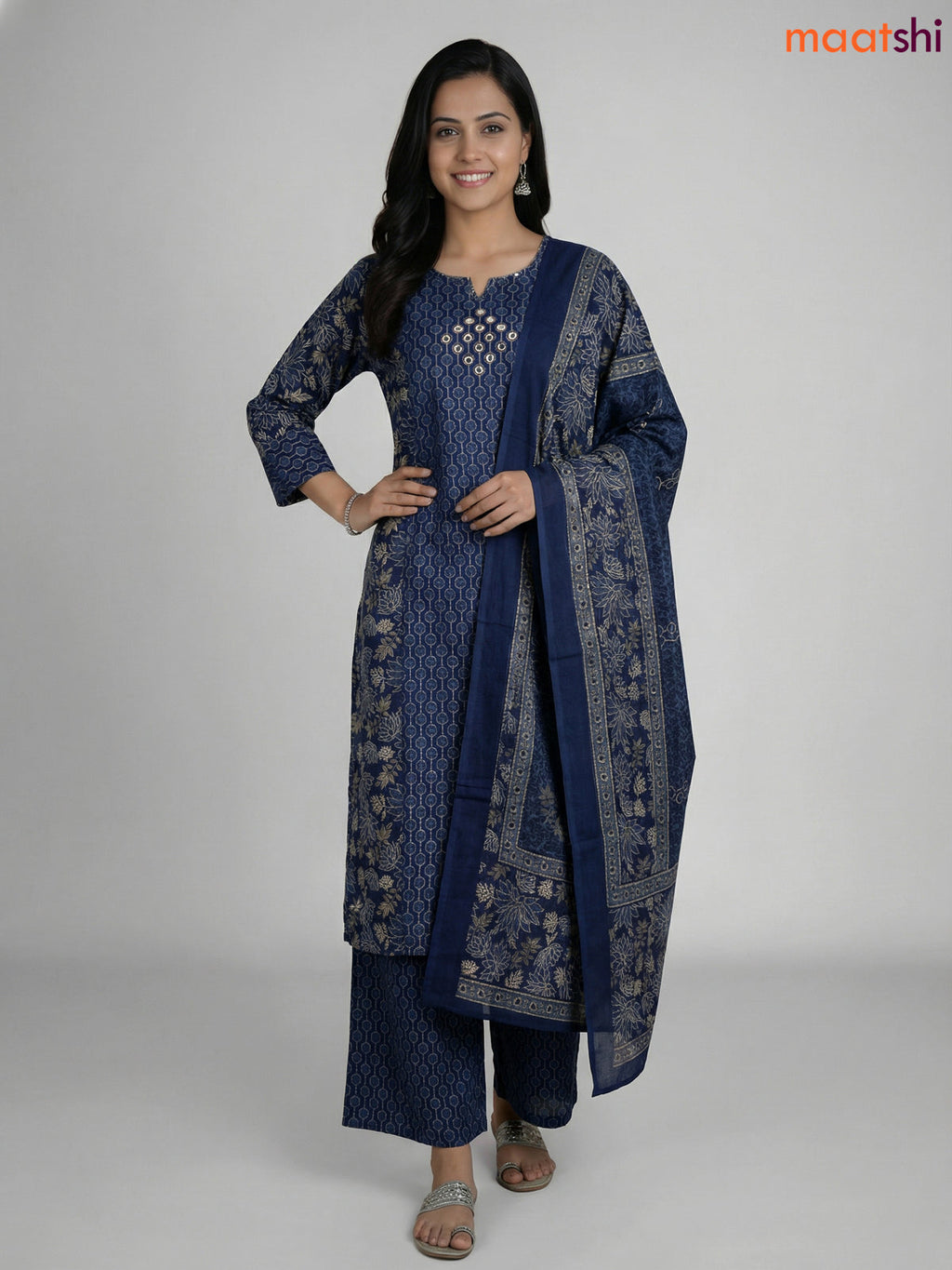 Blue Cotton Printed Straight Suit