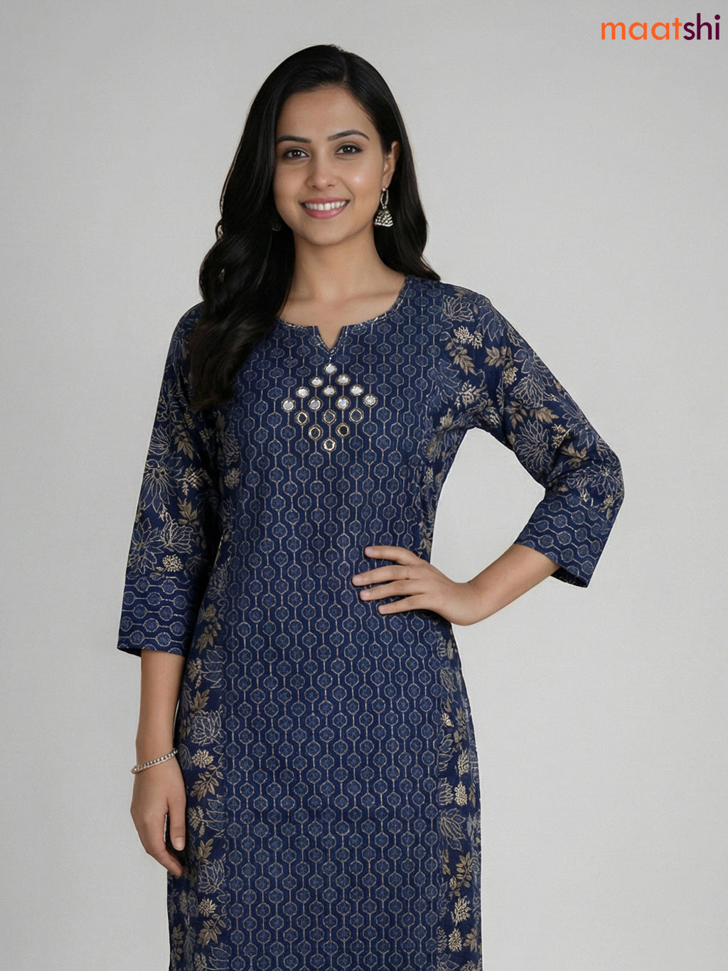 Blue Cotton Printed Straight Suit