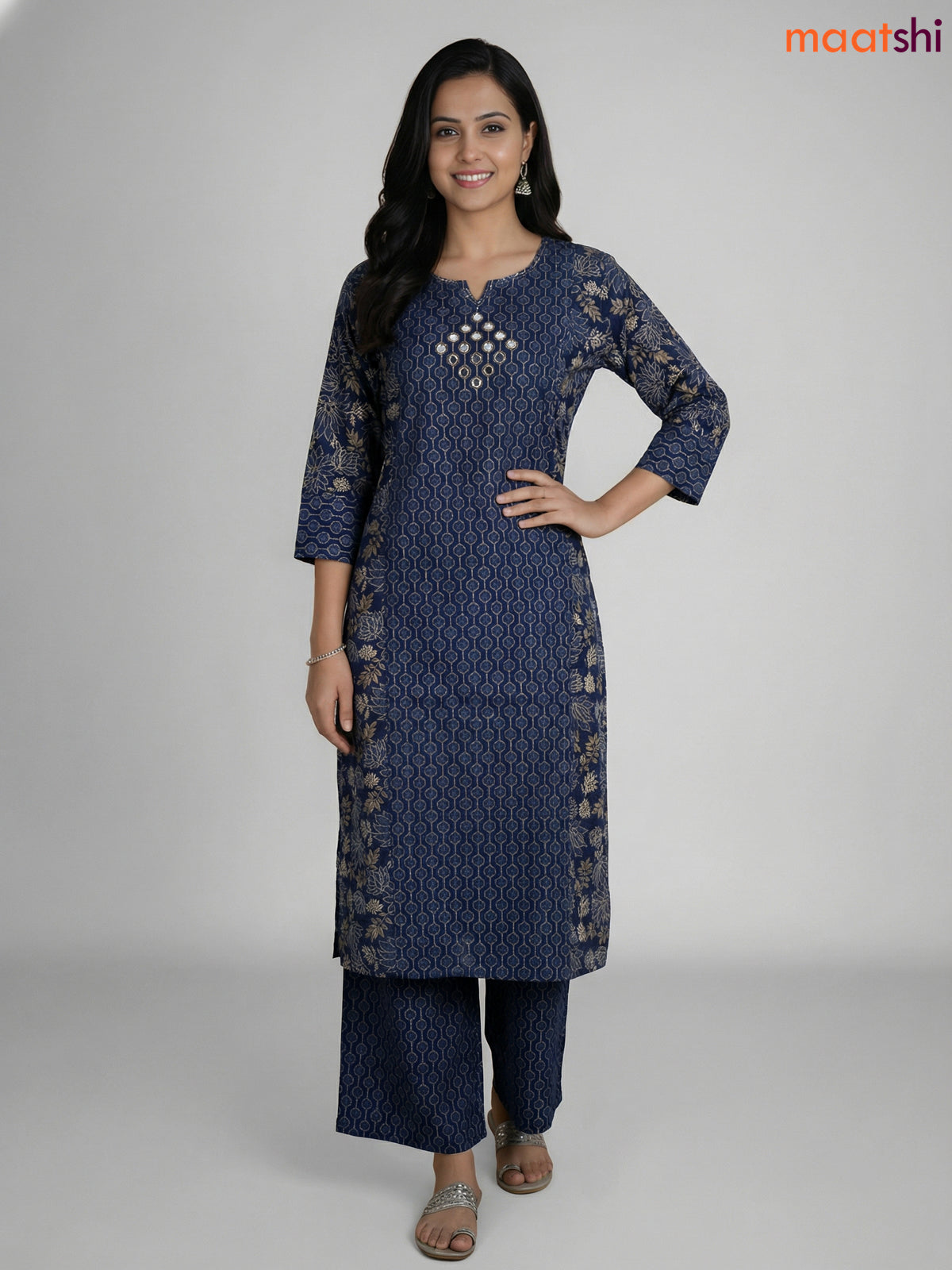 Blue Cotton Printed Straight Suit